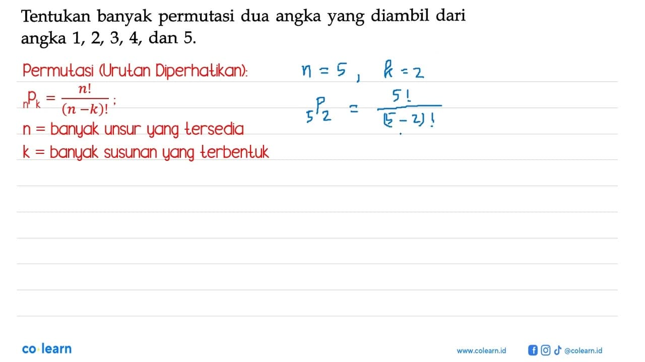 Tentukan banyak permutasi dua angka yang diambil dari angka