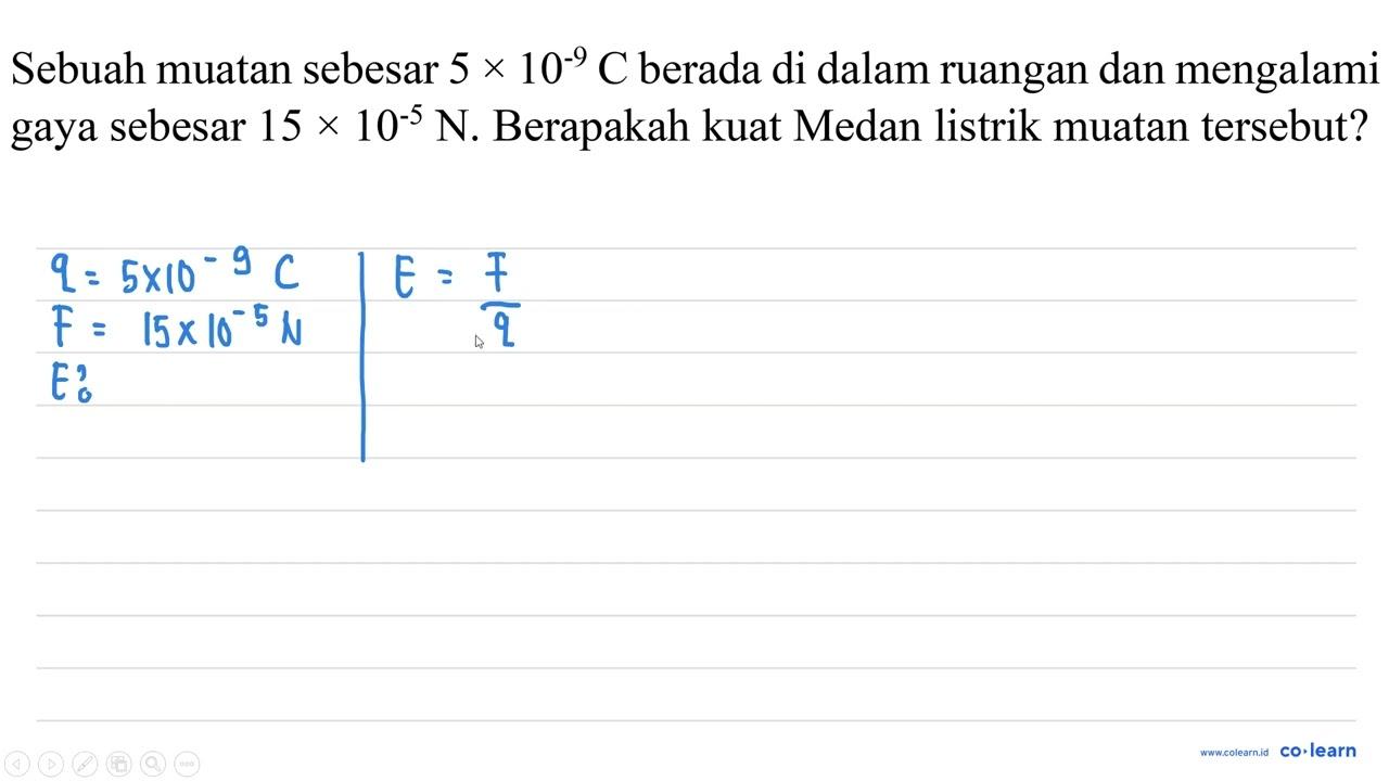 Sebuah muatan sebesar 5 x 10^(-9) C berada di dalam ruangan