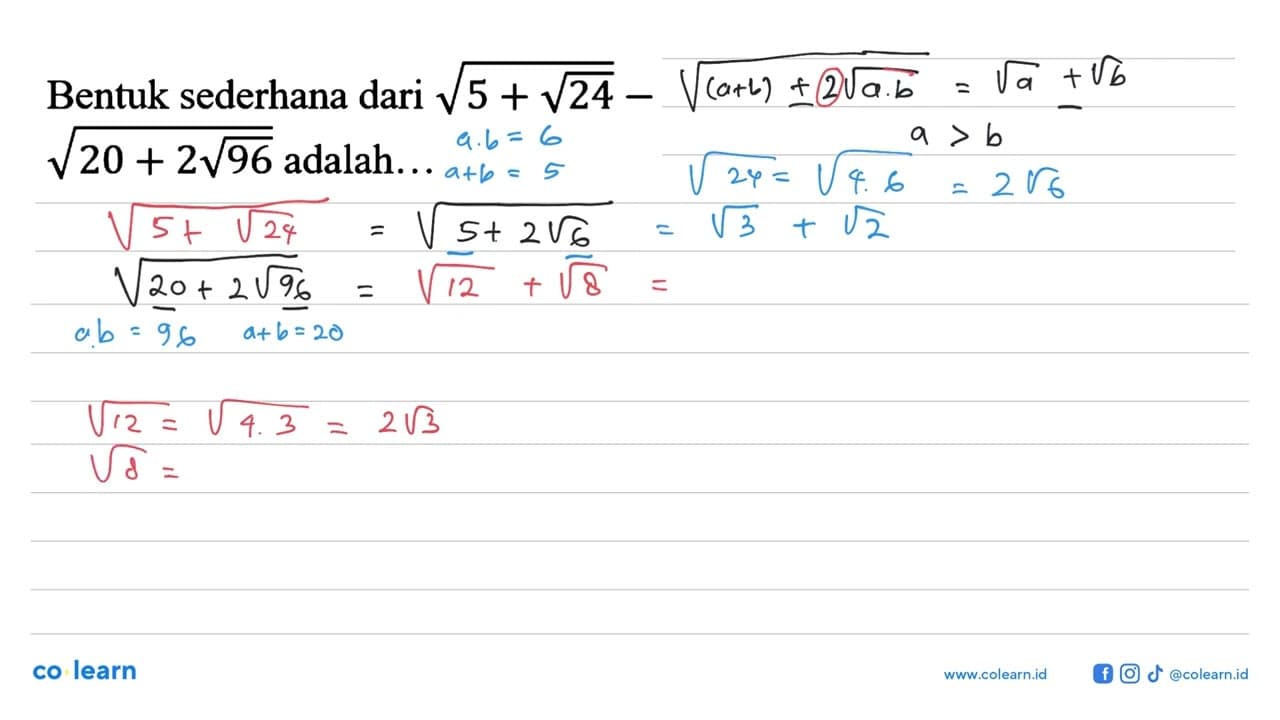 Bentuk sederhana dari akar(5 + 24^(1/2)) - akar(20 + 2