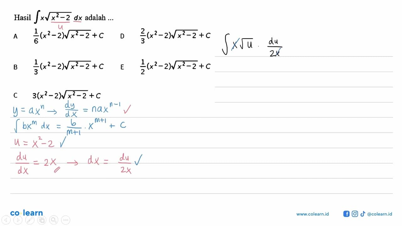 Hasil integral x akar(x^2-2) dx adalah ...