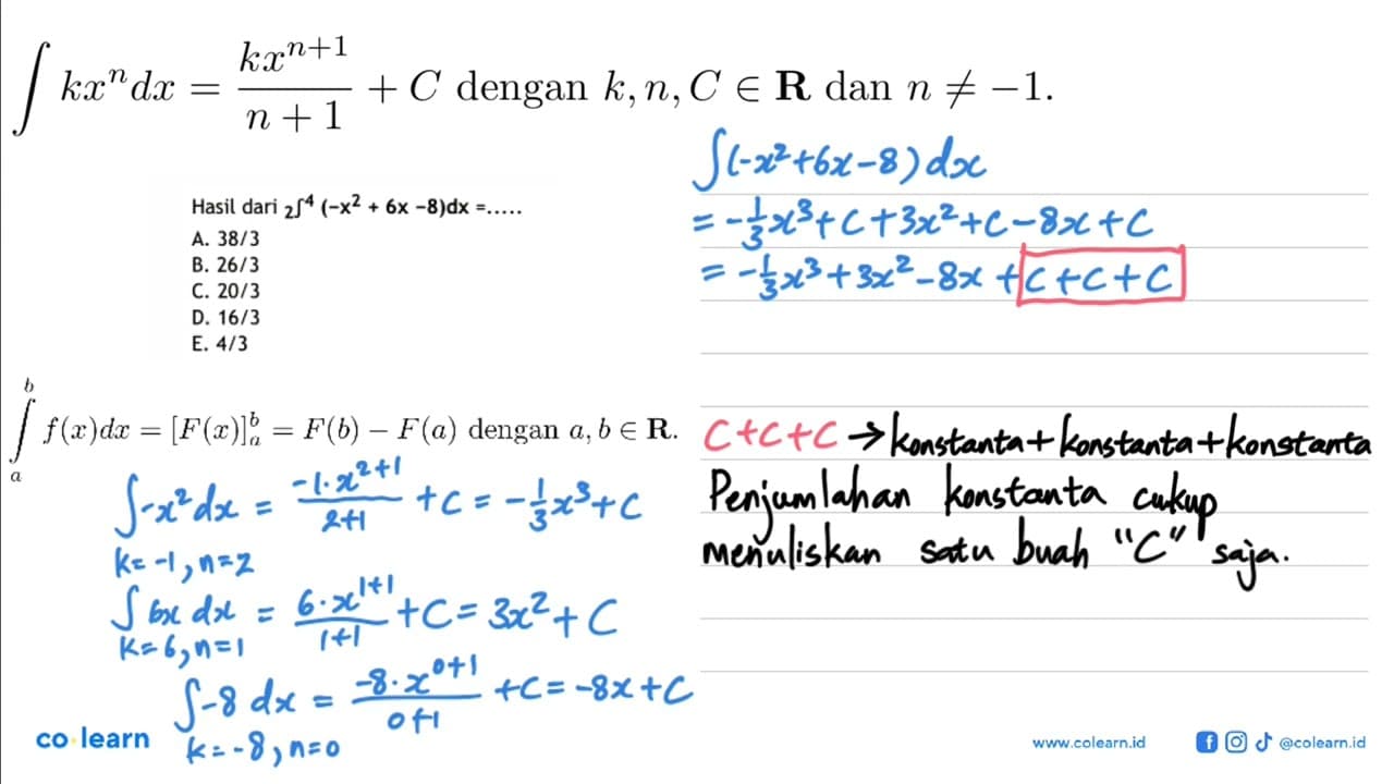 Hasil dari integral 2 4 (-x^2+6x-8) dx=... .