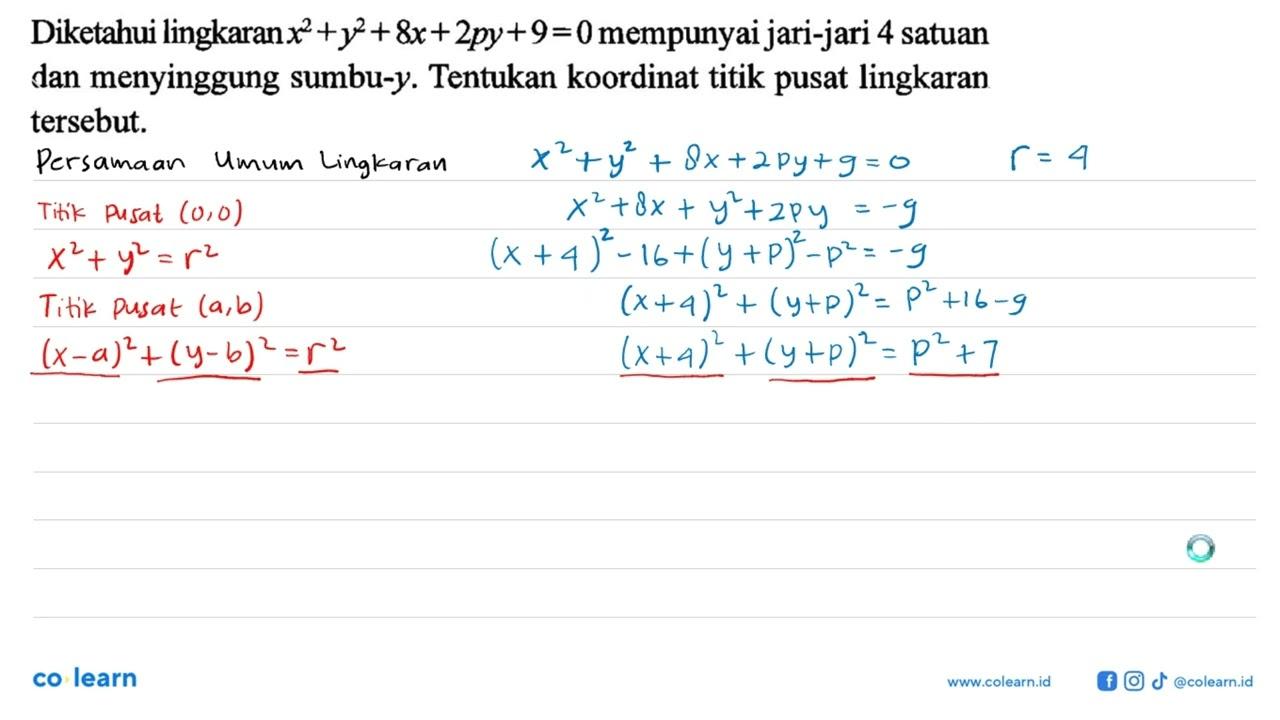 Diketahui lingkaran x^2+y^2+8x+2py+9=0 mempunyai jari-jari