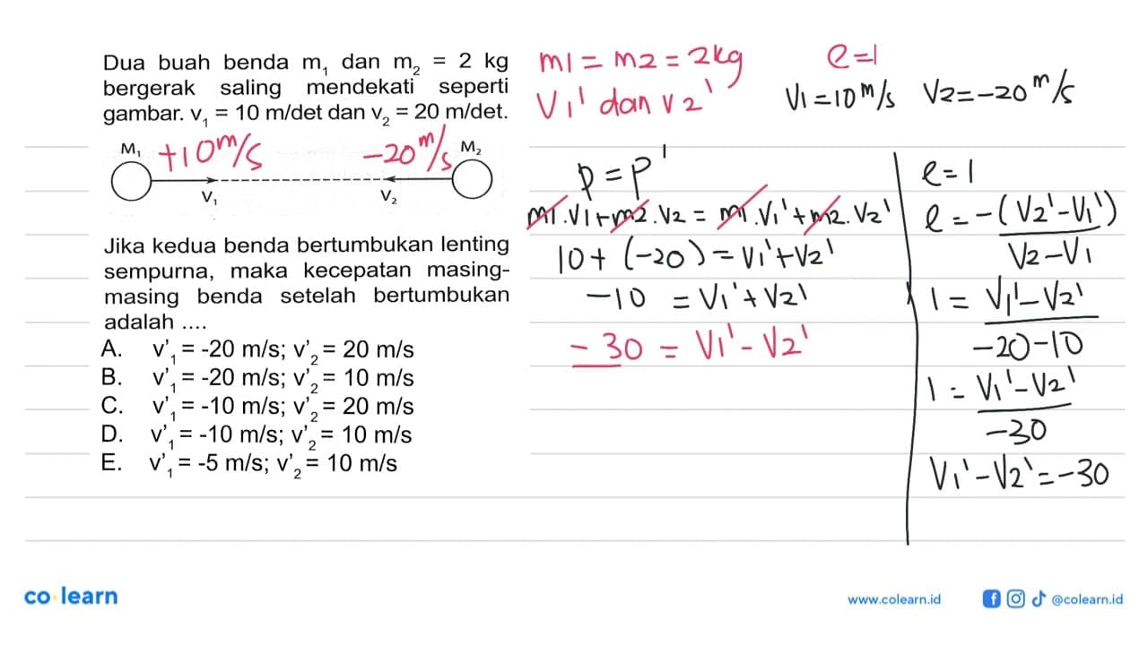 Dua buah benda m1 dan m2=2 kg bergerak saling mendekati