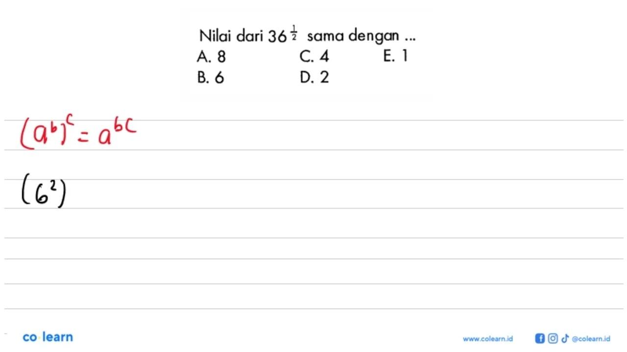 Nilai dari 36^(1/2) sama dengan ....