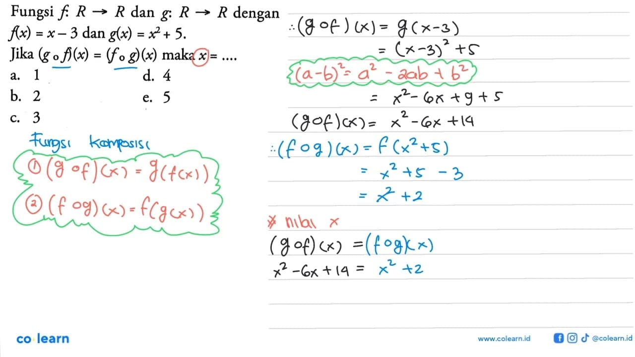 Fungsi f:R->R dan g:R->R dengan f(x)=x-3 dan g(x)=x^2+5