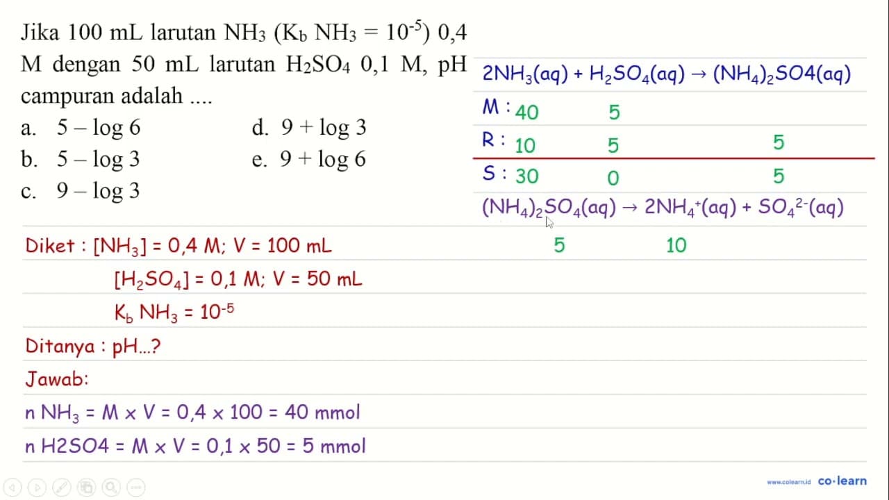 Jika 100 ~mL larutan NH_(3)(~K_(b) NH_(3)=10^(-5)) 0,4 M