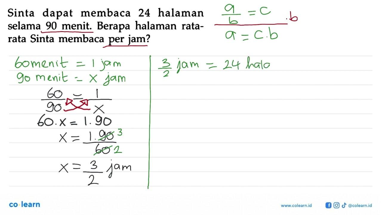 Sinta dapat membaca 24 halaman selama 90 menit. Berapa