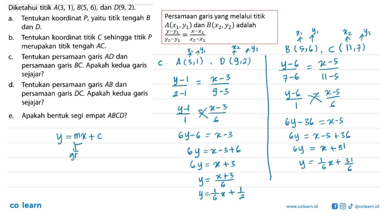 Diketahui titik A(3, 1), B(5, 6), dan D(9, 2). a. Tentukan