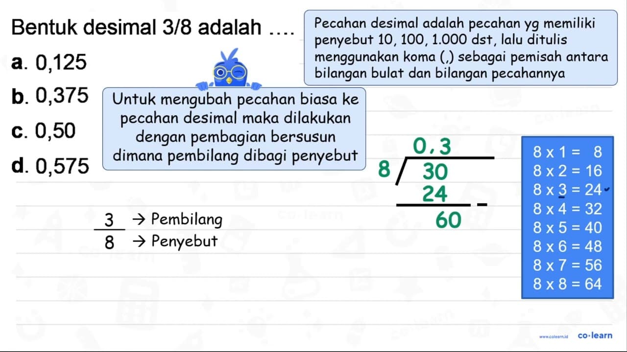 Bentuk desimal 3 / 8 adalah a. 0125 b. 0375 c. 0,50 d. 0575