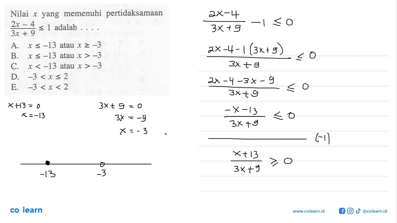 Nilai x yang memenuhi pertidaksamaan (2x-4)/(3x+9)<=1