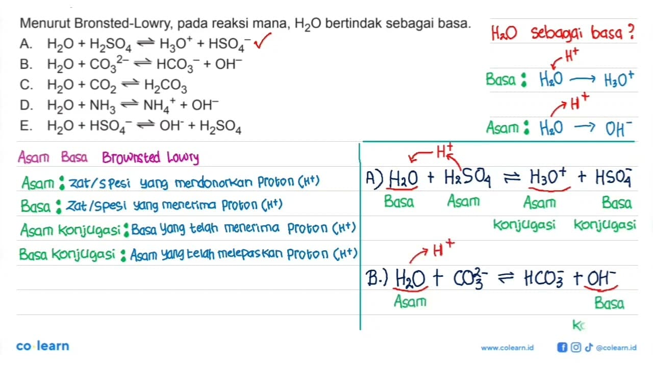 Menurut Bronsted-Lowry, pada reaksi mana, H2O bertindak