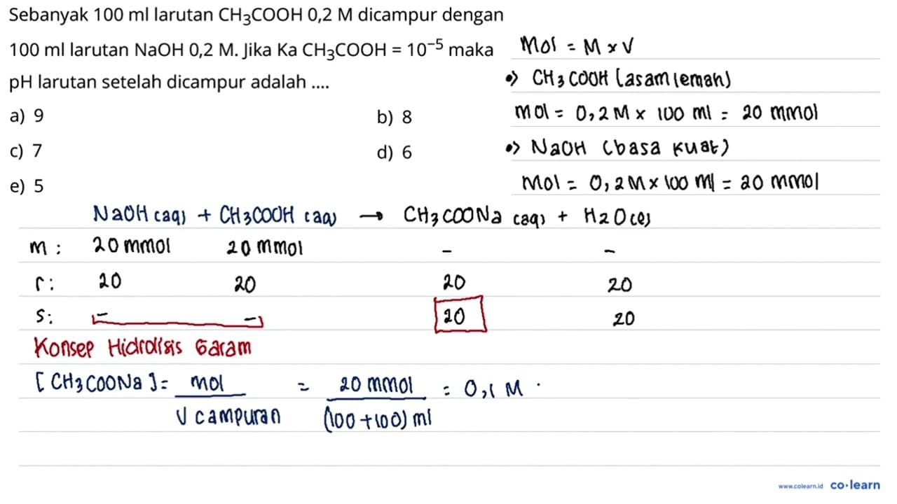 Sebanyak 100 ml larutan CH3COOH 0,2 M dicampur dengan 100