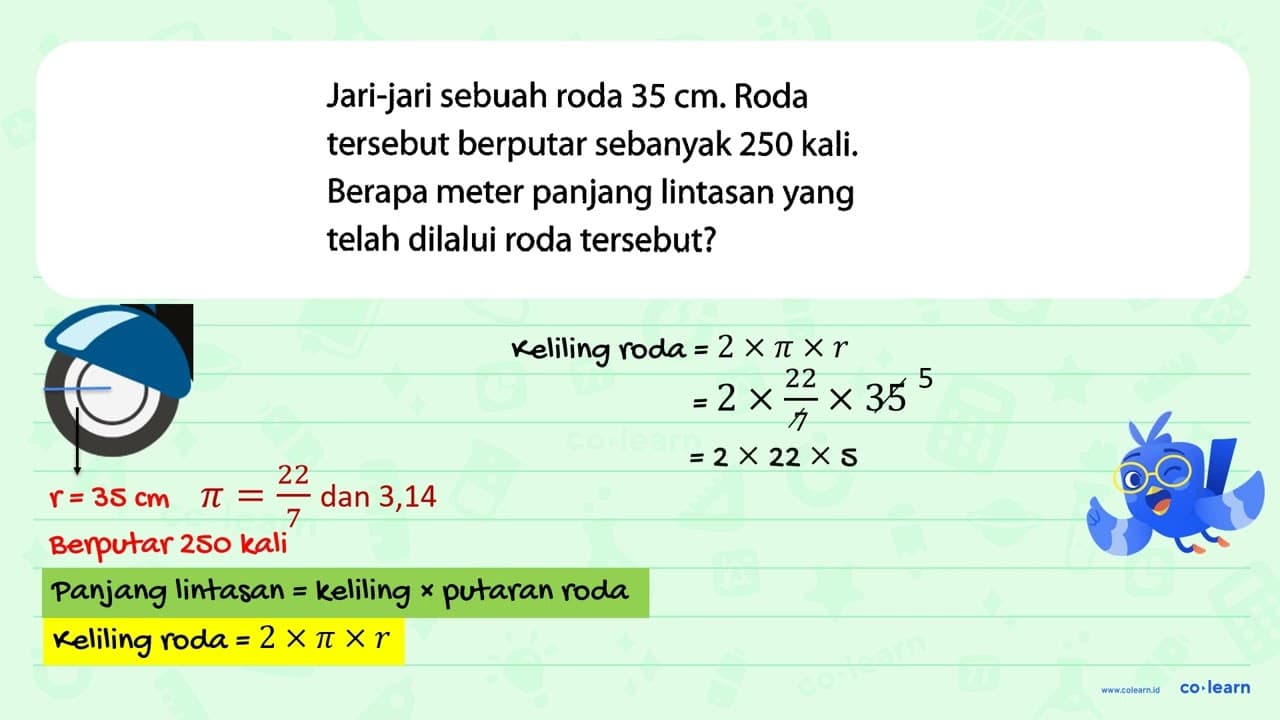Jari-jari sebuah roda 35 cm. Roda tersebut berputar
