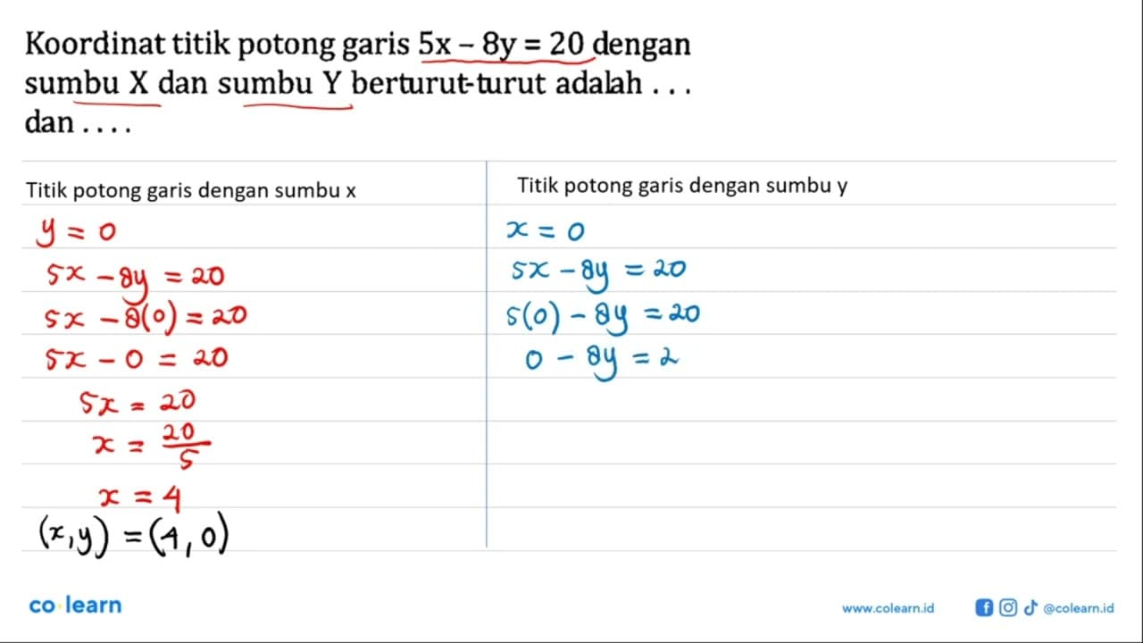 Koordinat titik potong 5x - 8y = 20 dengan garis sumbu X