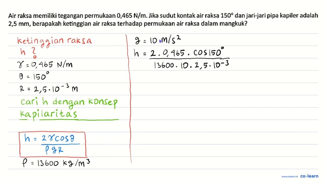 Air raksa memiliki tegangan permukaan 0,465 N/m. Jika sudut