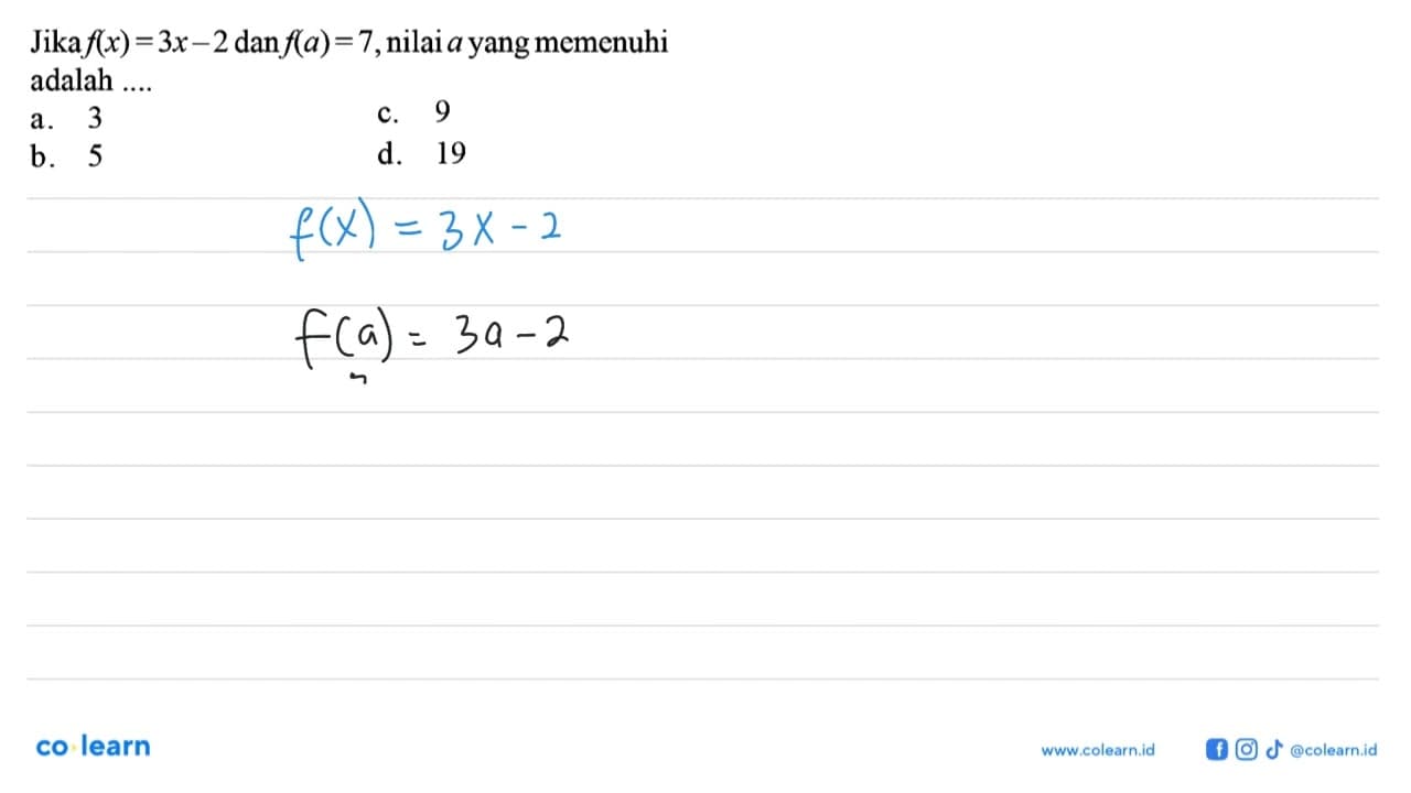 Jika f(x) = 3x - 2 dan f(a) = 7,nilai a yang memenuhi