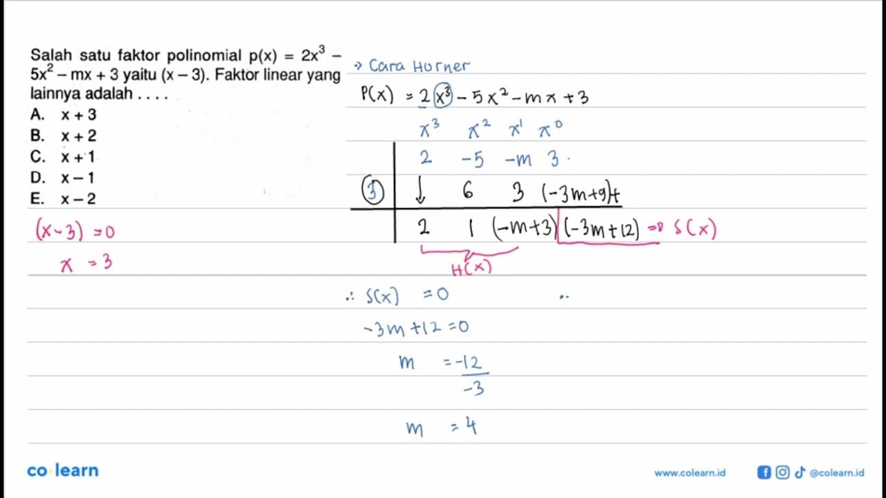 Salah satu faktor polinomial p(x)=2x^3-5x^2-mx+3 yaitu