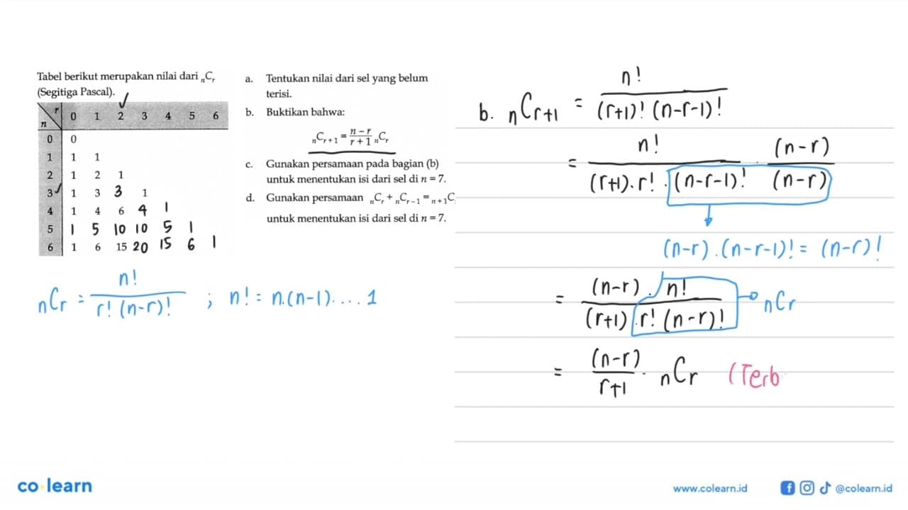 Tabel berikut merupakan nilai dari n C r (Segitiga