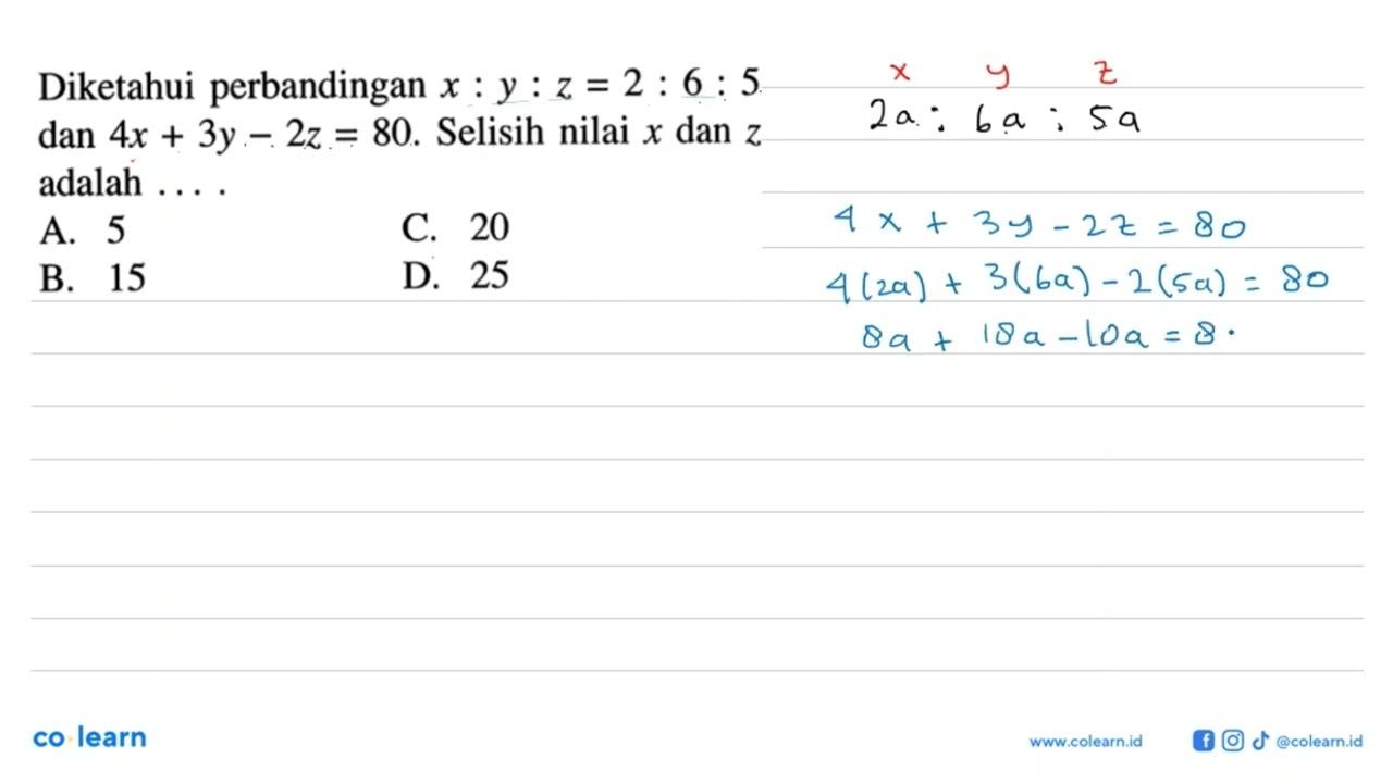 Diketahui perbandingan x:y:z=2:6:5 dan 4x+3y-2z=80. Selisih