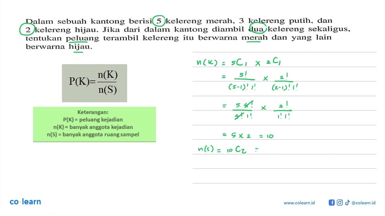 Dalam sebuah kantong berisi 5 kelereng merah, 3 kelereng