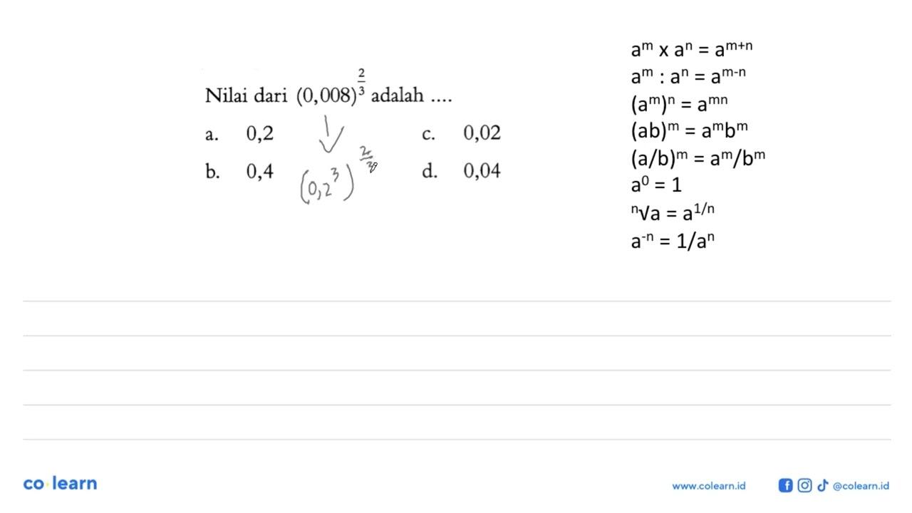 Nilai dari (0,008)^(2/3) adalah ....