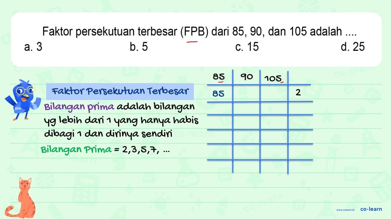 Faktor persekutuan terbesar (FPB) dari 85, 90, dan 105