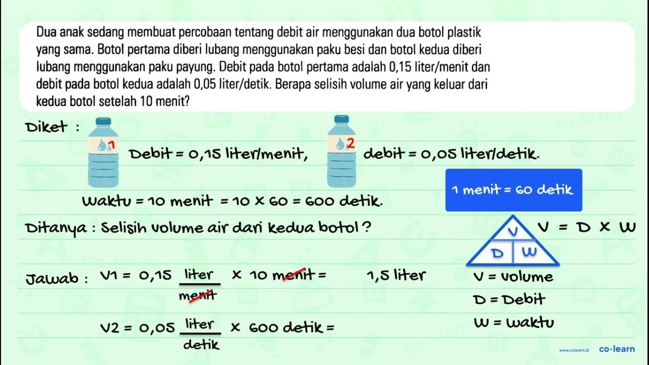 Dua anak sedang membuat percobaan tentang debit air