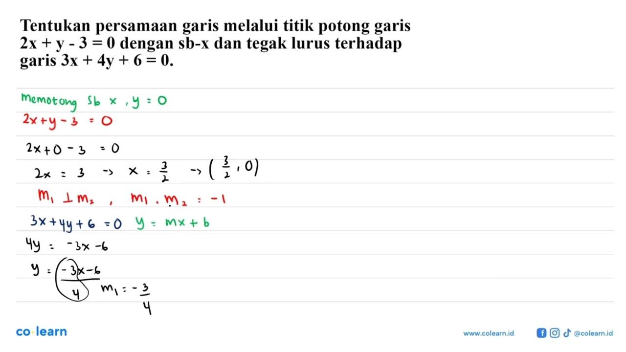 Tentukan persamaan garis melalui titik potong garis 2x + y