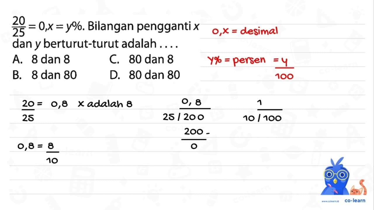 20/25=0,x=y%. Bilangan pengganti x dan y berturut-turut