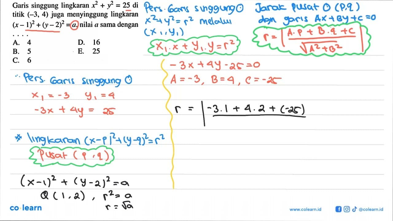 Garis singgung lingkaran x^2+y^2=25 di titik (-3,4) juga