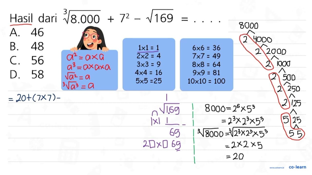 Hasil dari (8.000)^(1/3) + 7^2 - akar(169) = ....