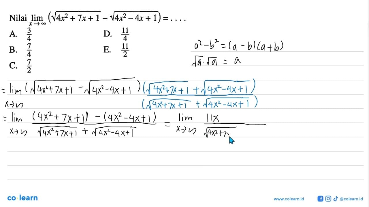 Nilai limit x mendekati tak hingga (akar(4 x^2+7 x+1-akar(4