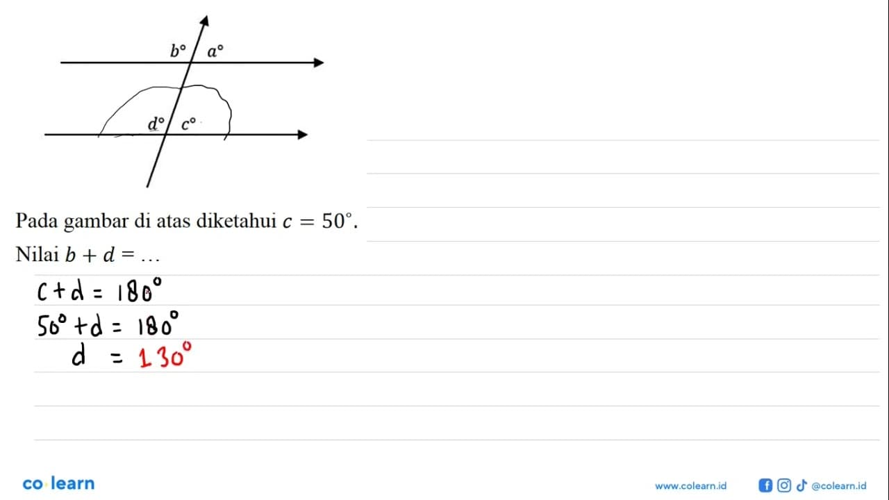 b a d c . Pada gambar di atas diketahui c=50 . Nilai