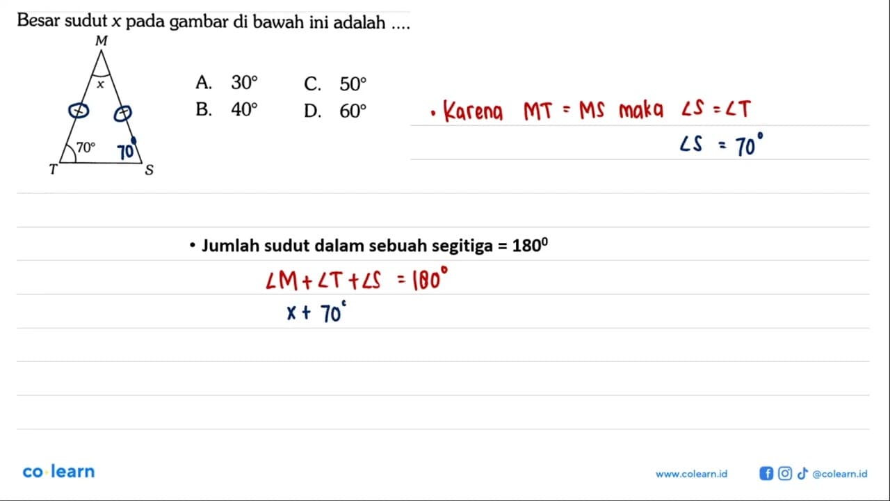 Besar sudut x pada gambar di bawah ini adalah ...M T S 70