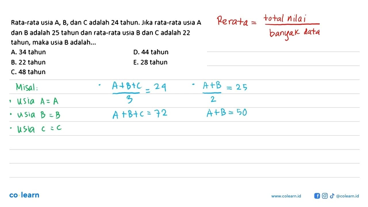 Rata-rata usla A, B, dan C adalah 24 tahun. Jika rata-rata