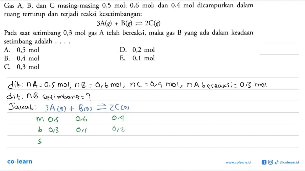 Gas A, B, dan C masing-masing 0,5 mol; 0,6 mol; dan 0,4 mol