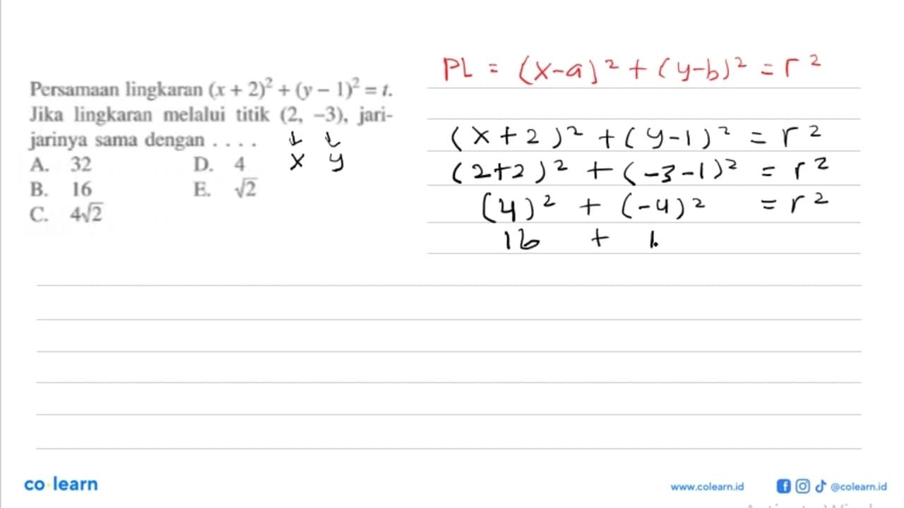 Persamaan lingkaran (x+2)^2+(y-1)^2=t. Jika lingkaran