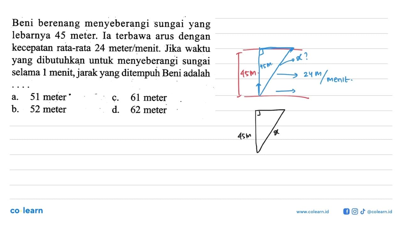 Beni berenang menyeberangi sungai yang lebarnya 45 meter.