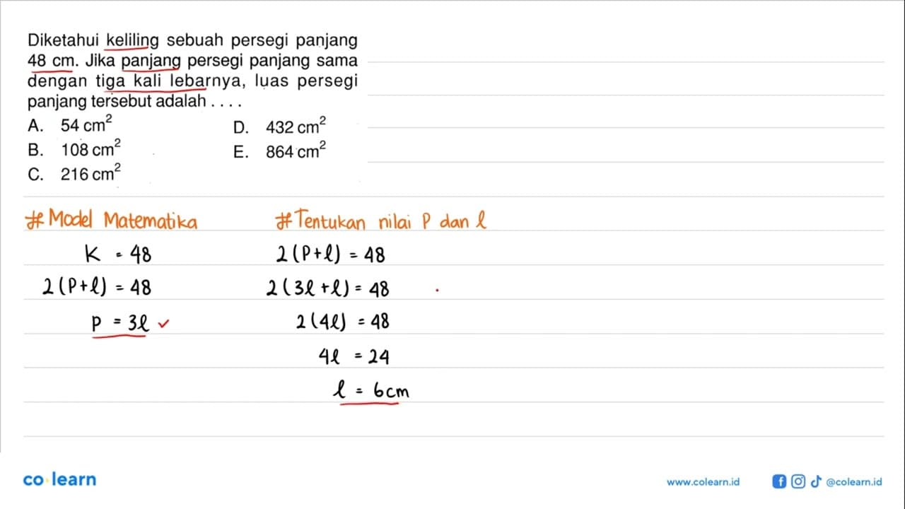 Diketahui keliling sebuah persegi panjang 48 cm. Jika