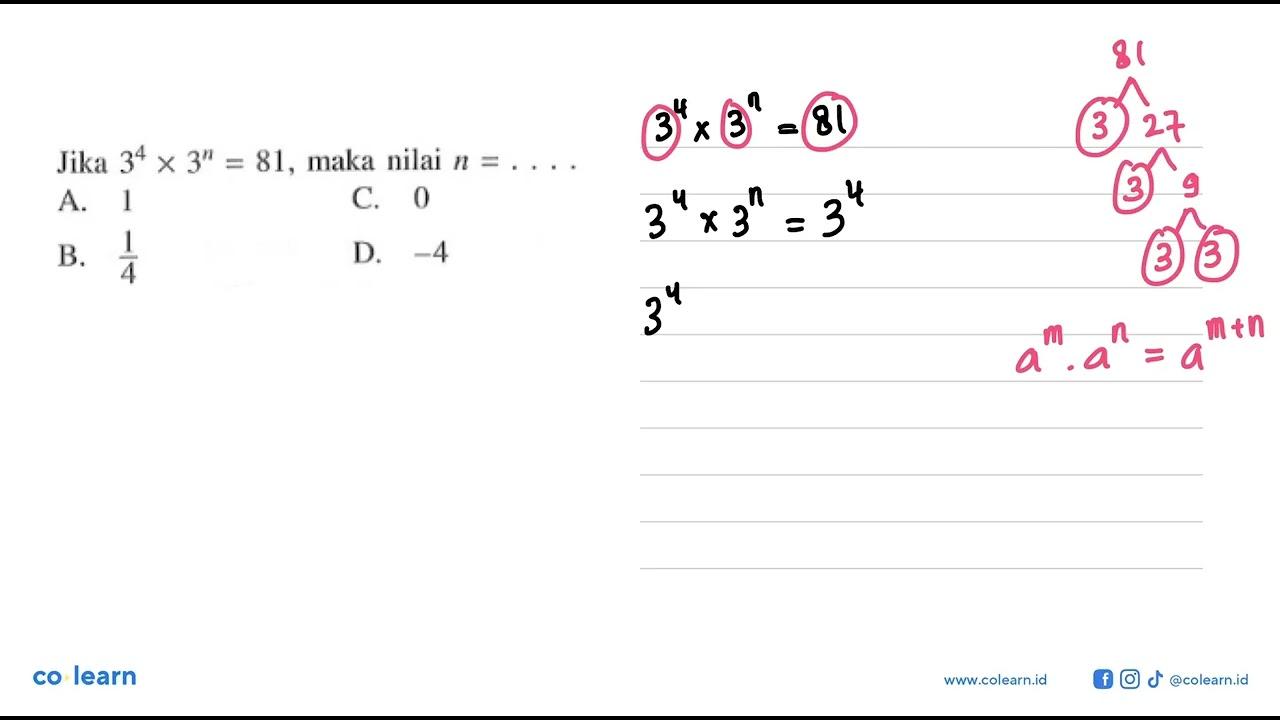 Jika 3^4 x 3^n = 81, maka nilai n = ....