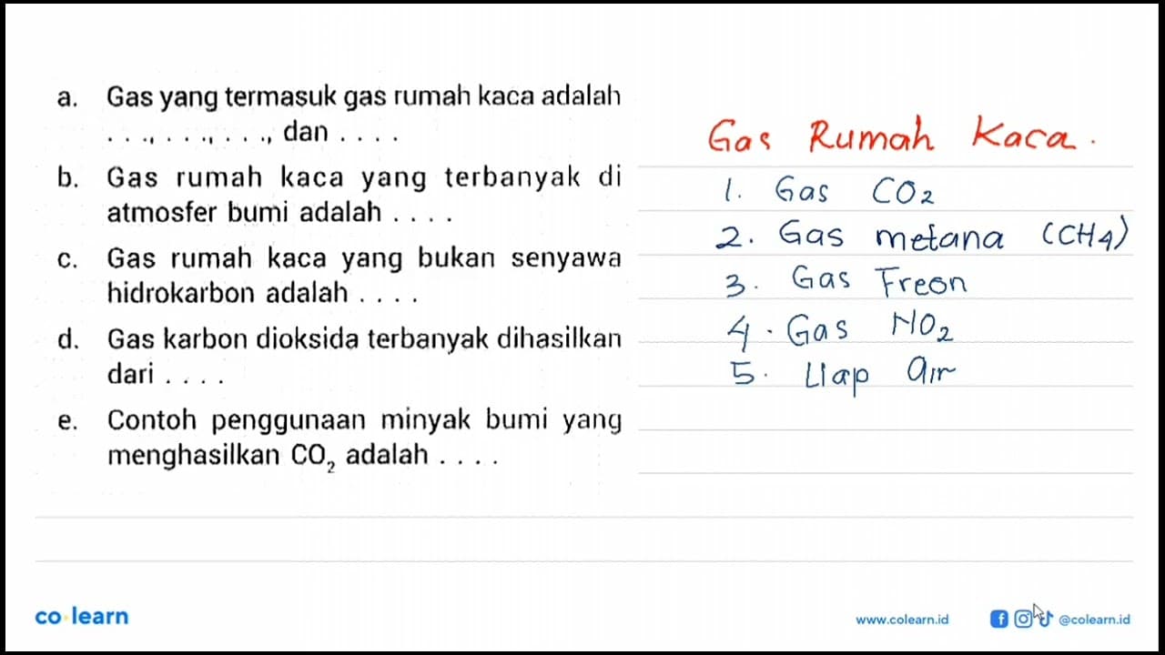 a. Gas yang termasuk gas rumah kaca adalah ..., ..., ...,