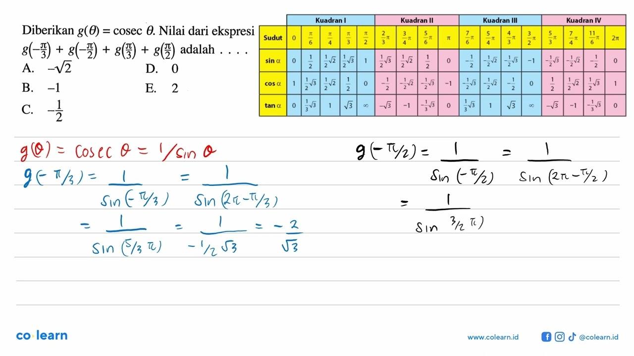 Diberikan g(theta)=cosec theta. Nilai dari ekspresi