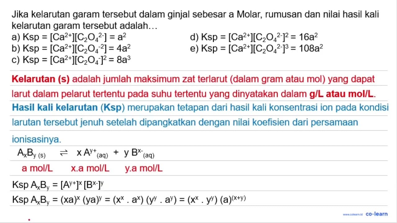 Jika kelarutan garam tersebut dalam ginjal sebesar a Molar,