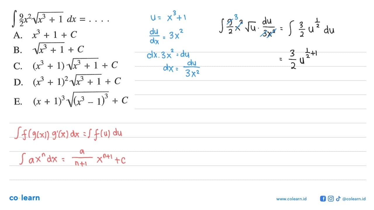 integral 9/2 x^2 akar(x^3+1) dx=...