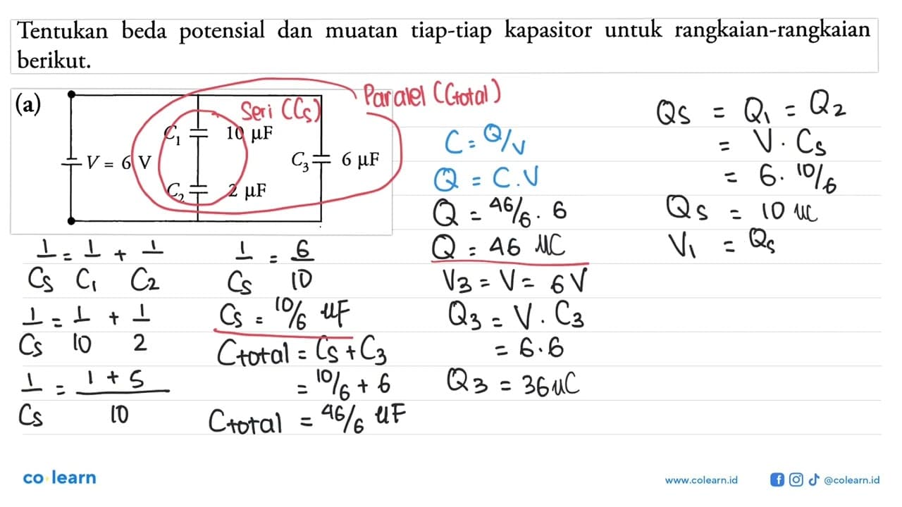 Tentukan beda potensial dan muatan tiap-tiap kapasitor