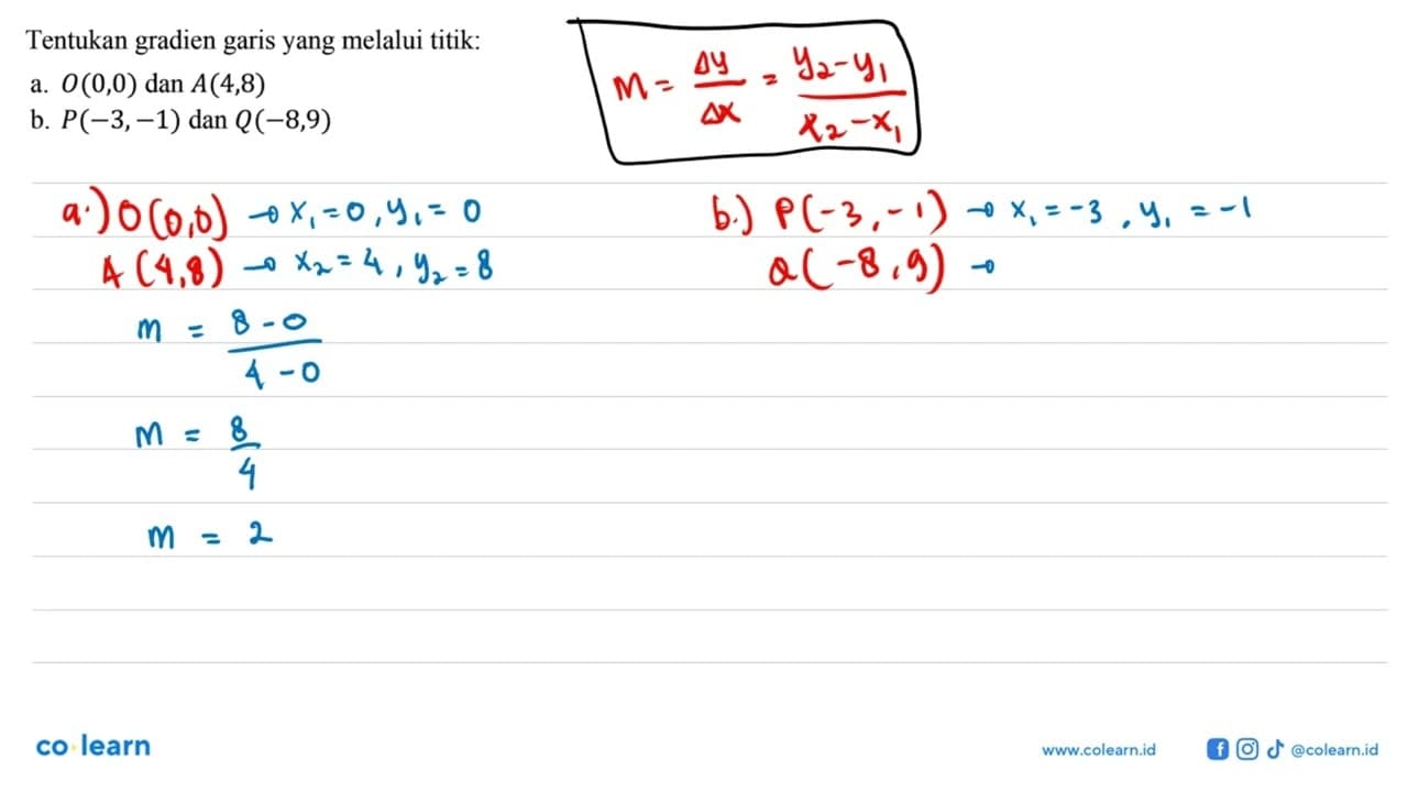 Tentukan gradien garis yang melalui titik: a. O(0, 0) dan