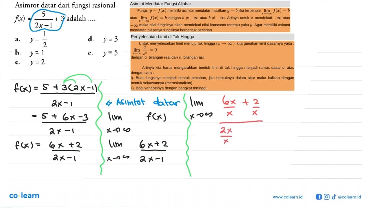 Asimtot datar dari fungsi rasional f(x) = 5/(2x-1) +3