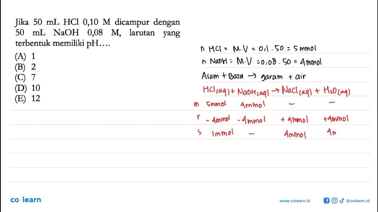 Jika 50 mL HCl 0,10 M dicampur dengan 50 mL NaOH 0,08 M,