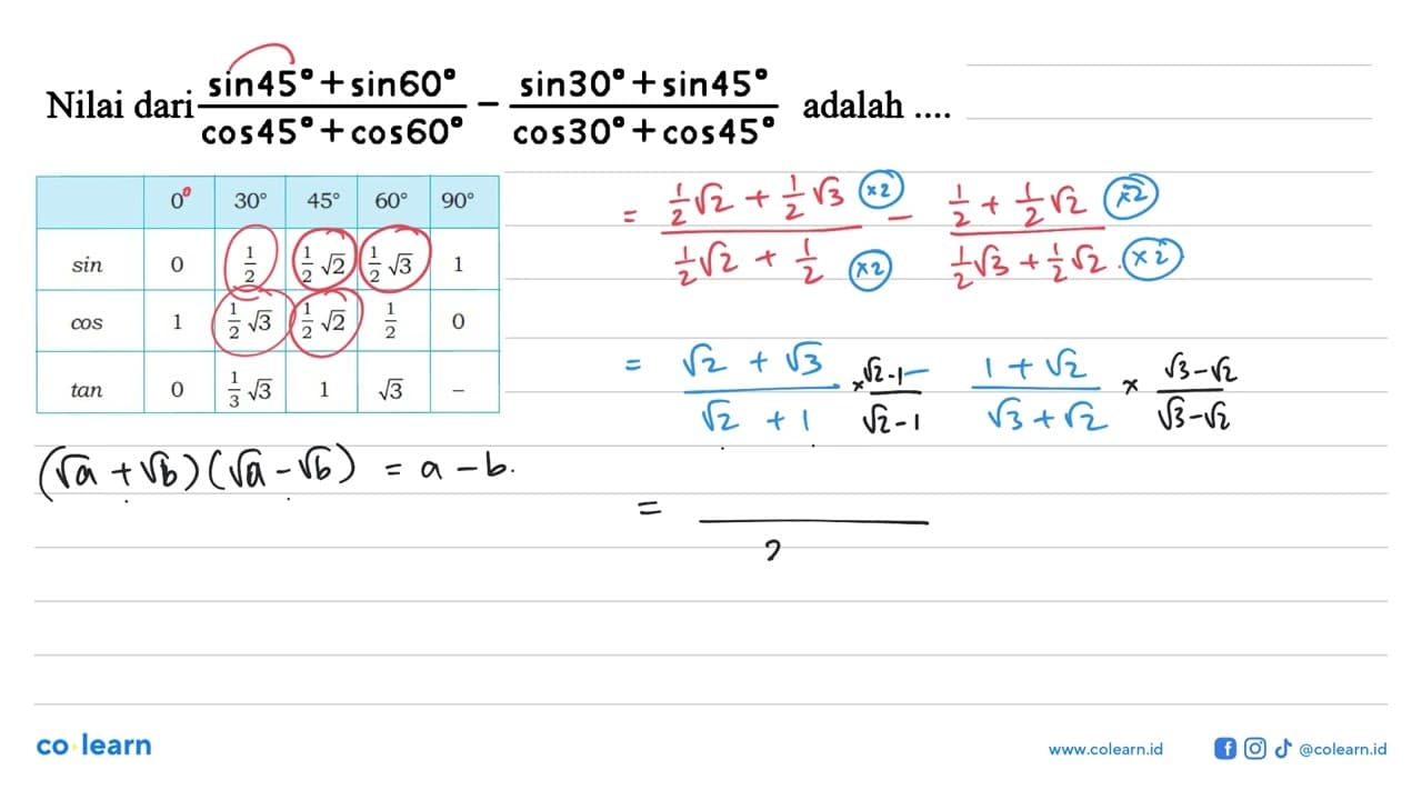 Nilai dari (sin 45+sin 60)/(cos 45+cos 60) - (sin 30+sin