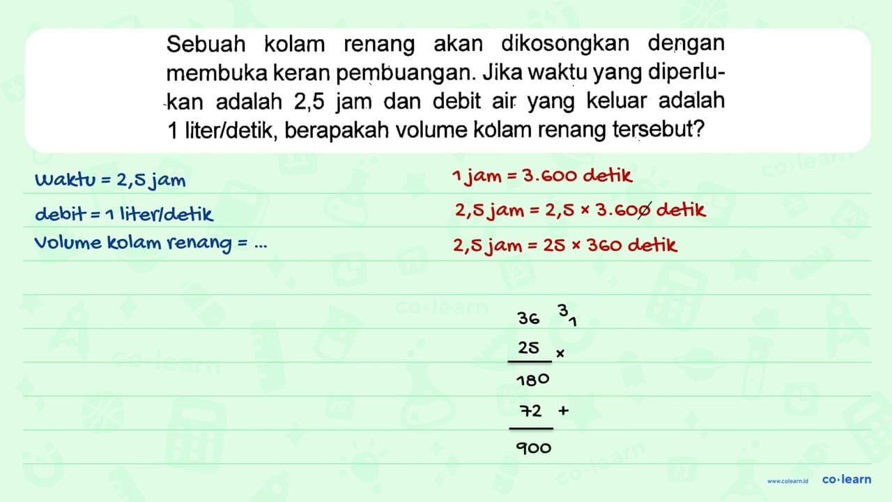 Sebuah kolam renang akan dikosongkan dengan membuka keran